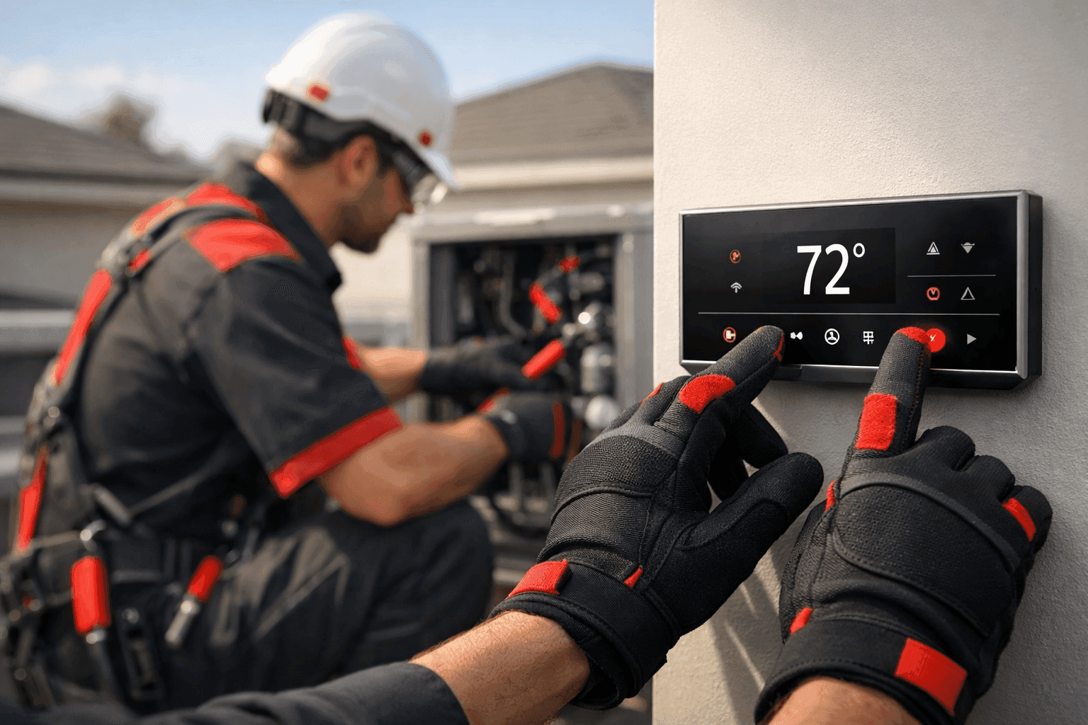 Technician in safety gear inspecting rooftop HVAC unit on clean residential roof