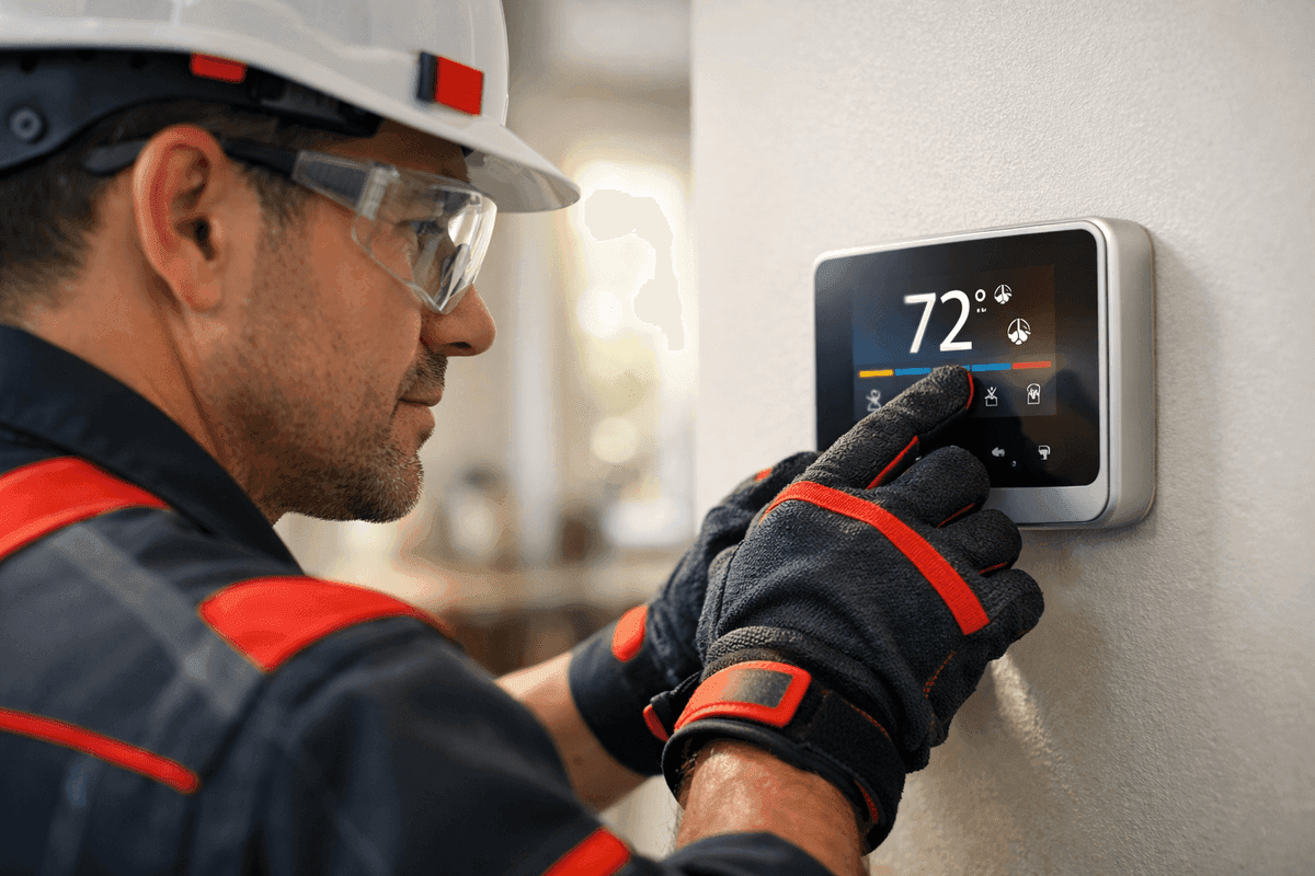 Gloved technician adjusting modern thermostat indoors with safety goggles and helmet